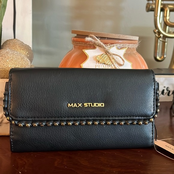 Max Studio Faux Leather Vegan Black Studded Trim Snap Woman's Wallet NWT - Picture 1 of 12